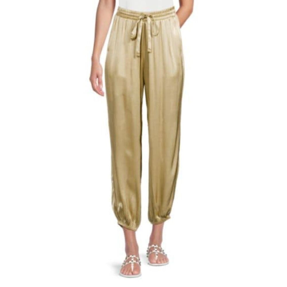 NATION LTD Del Rey Dressed Up Lounge Pant Satin Jogger, Beige/Gold, Sz S